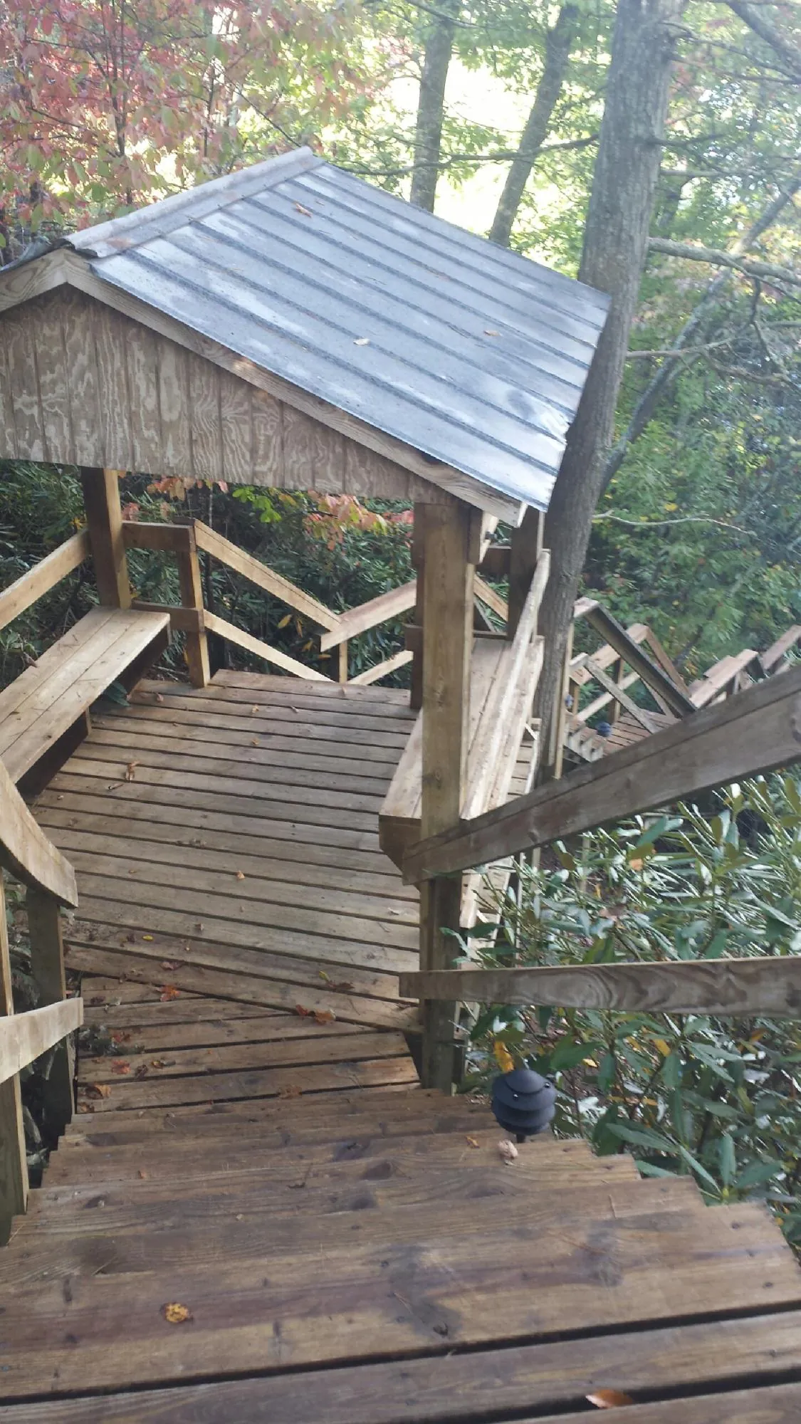 Metal roofed shelter over wooden steps on a wooded walkway — Skylight Repair & Installation work by our crew in Black River
